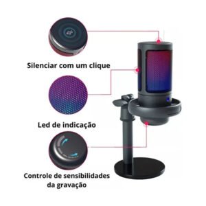 Microfone Gamer Condensador USB RGB Tomate MT‑1060R ME6S 14 mm